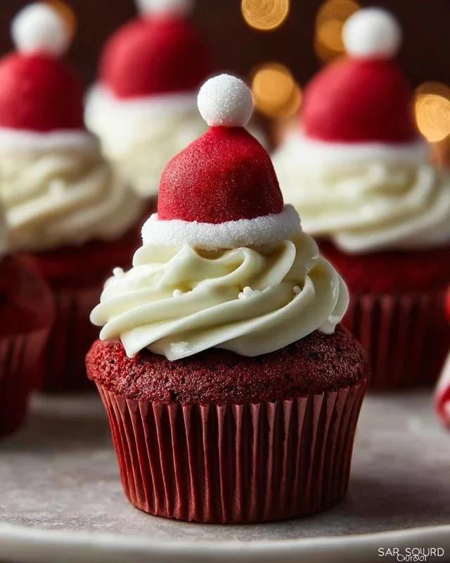 Red velvet cupcakes decorated as Santa hats for Christmas celebrations