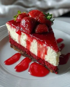 Red Velvet Strawberry Cheesecake topped with fresh strawberries and whipped cream
