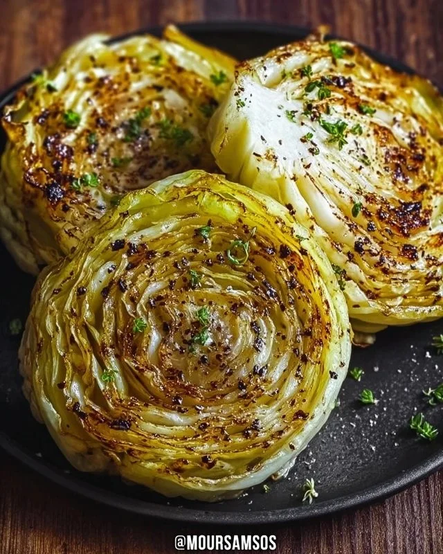 Sliced roasted cabbage steaks cooked to perfection on a plate