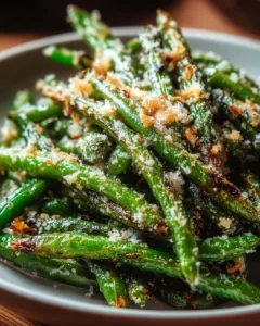 Delicious roasted green beans with garlic and parmesan served as a side dish.