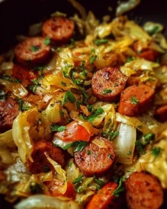 Sausage Cabbage Stir Fry with colorful veggies in a skillet