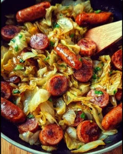 Sautéed sausage and cabbage stir fry in a colorful skillet.