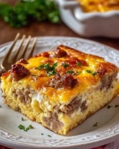 Sausage and Egg Casserole served in a baking dish with garnishes.