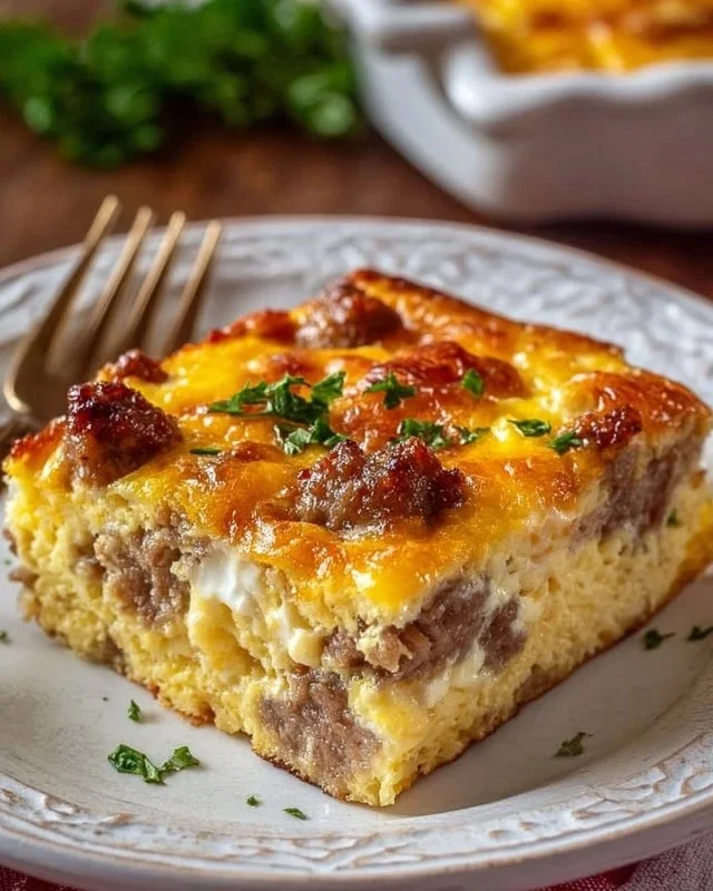 Sausage and Egg Casserole served in a baking dish with garnishes.