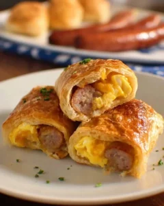 Sausage egg breakfast roll-ups served on a plate, perfect for a quick morning meal.