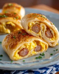 Sausage egg breakfast roll-ups served on a plate for a quick morning treat