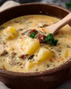A hearty bowl of Sausage Potato Soup garnished with herbs and served piping hot.