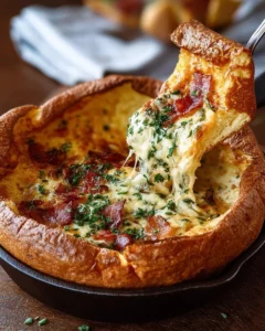 Savory Cheddar Bacon Dutch Baby served in a skillet topped with herbs