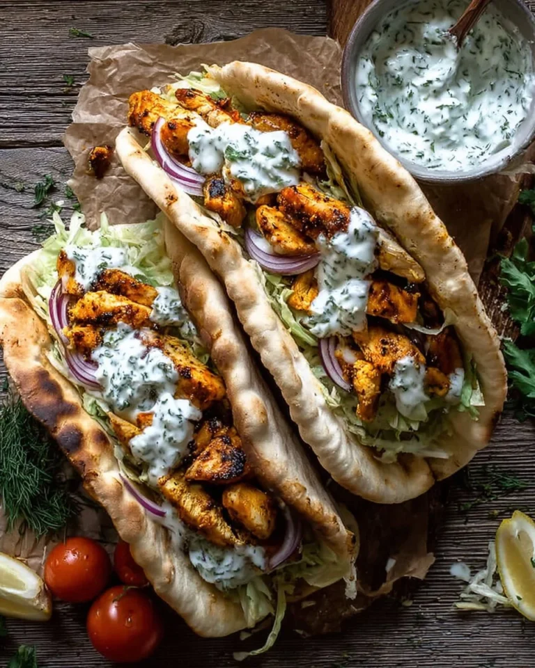 Sheet pan chicken pitas topped with herby ranch dressing and fresh vegetables