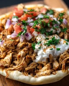 Slow Cooker Chicken Shawarma served in a bowl with fresh vegetables