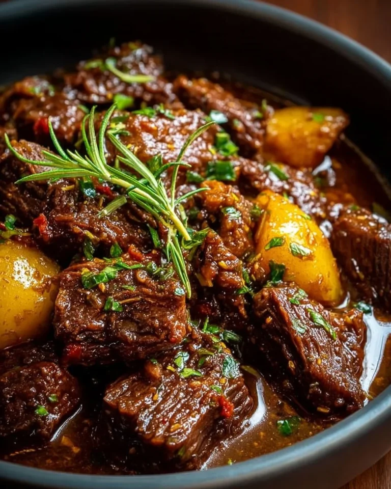Delicious Slow Cooker Garlic Butter Beef with herbs and spices in a bowl.