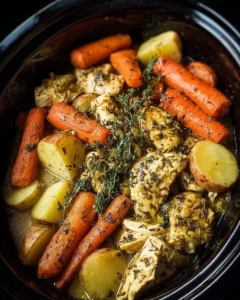 A delicious plate of slow cooker garlic butter chicken with assorted veggies.