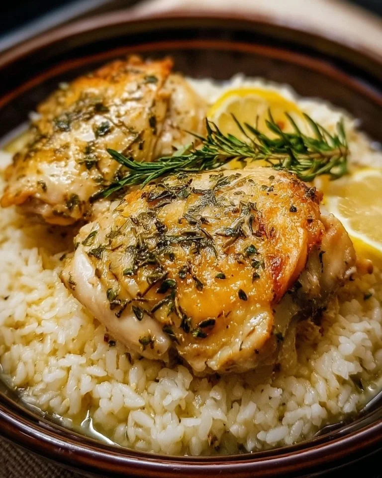 A delicious serving of slow cooker lemon herb chicken with rice on a plate.