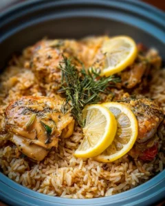 Slow cooker lemon herb chicken served with fluffy rice in a bowl