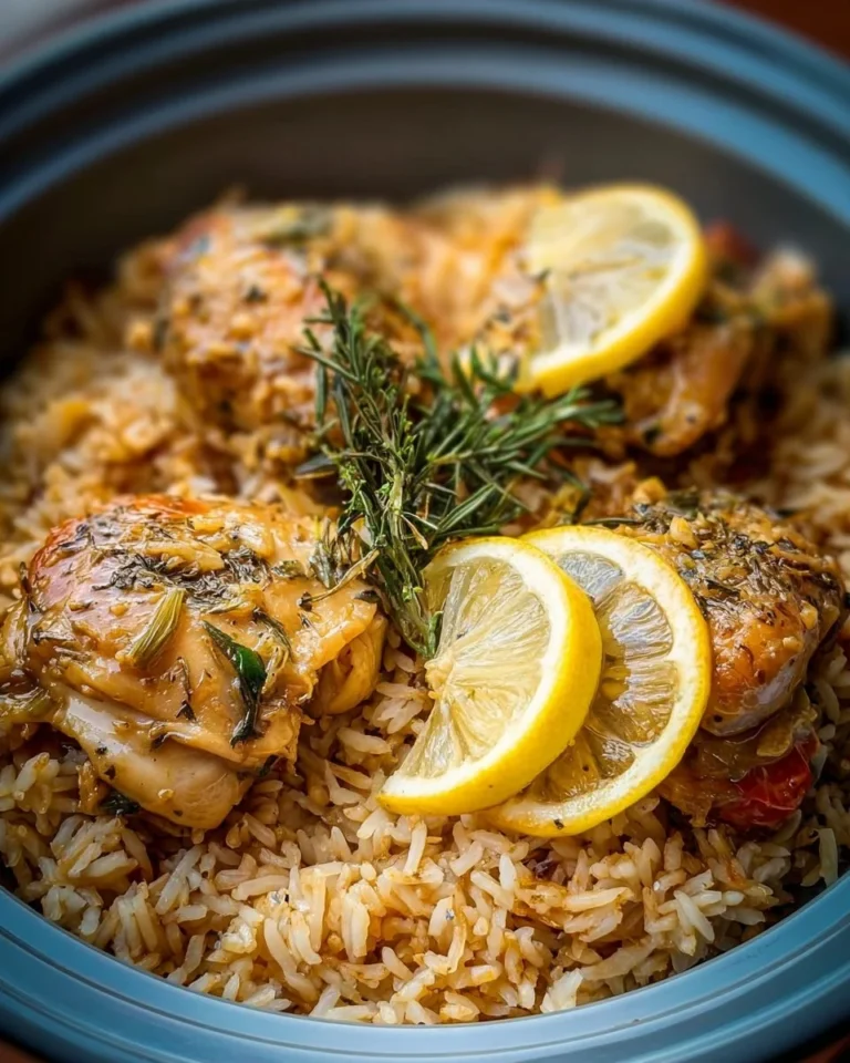 Slow cooker lemon herb chicken served with fluffy rice in a bowl