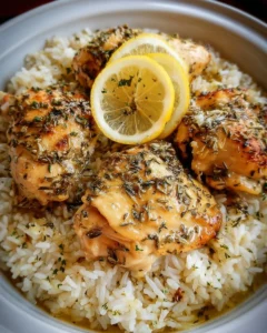 Delicious slow cooker lemon herb chicken served with fluffy rice