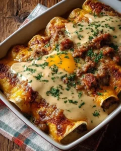 Southern breakfast enchiladas topped with creamy sausage gravy on a plate