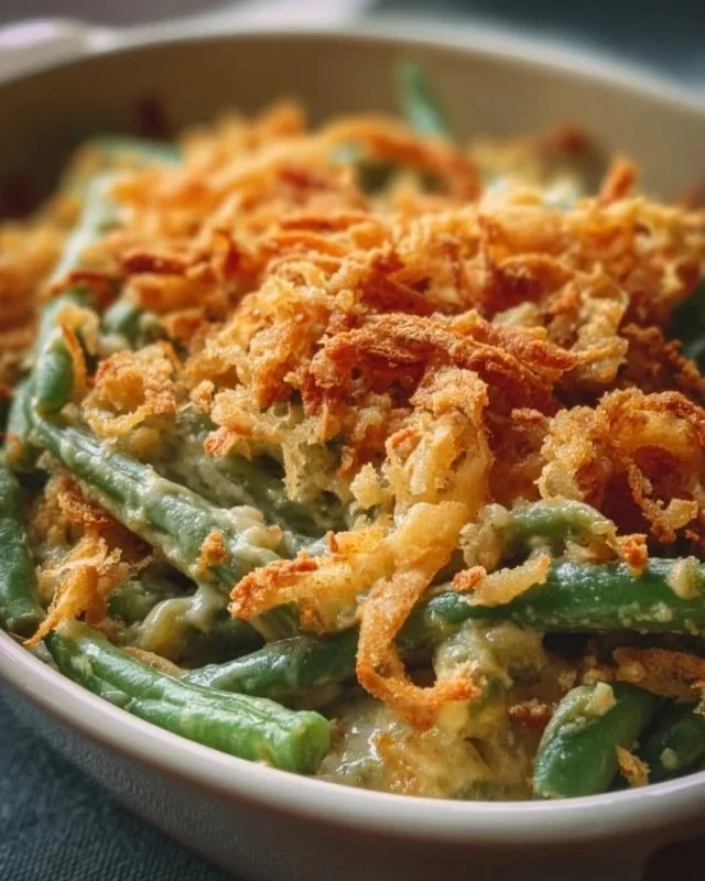 Delicious Southern-style green bean casserole topped with crispy onions