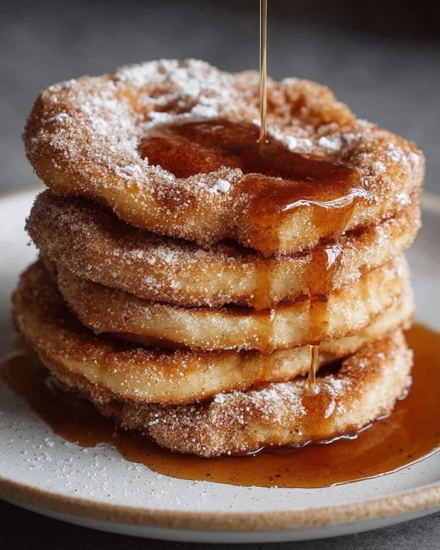 Fluffy churro pancakes dusted with cinnamon sugar and drizzled with chocolate sauce