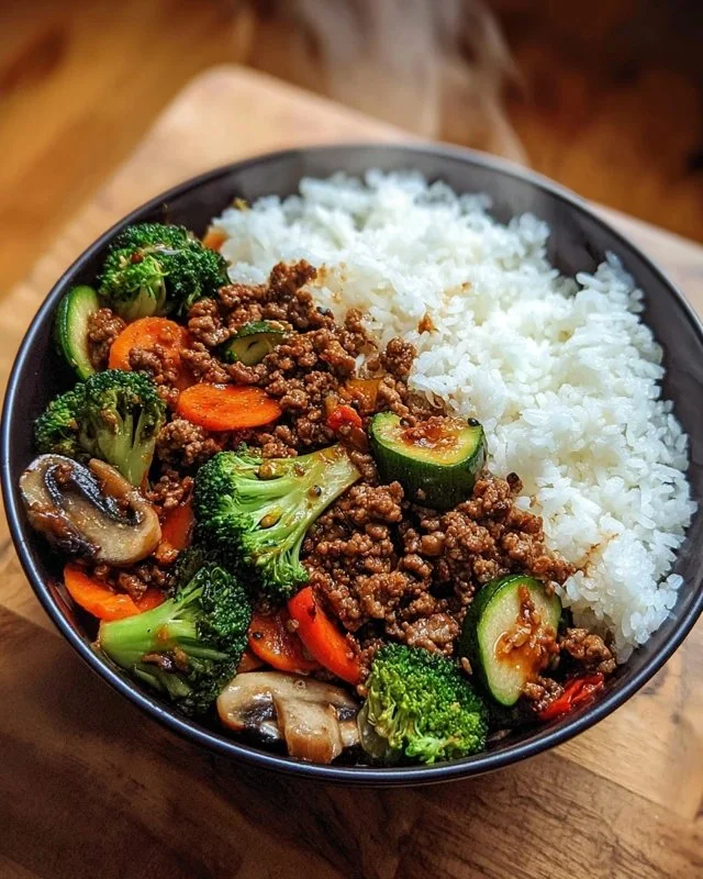 Spicy ground beef stir-fry bowl with garlic vegetables and rice
