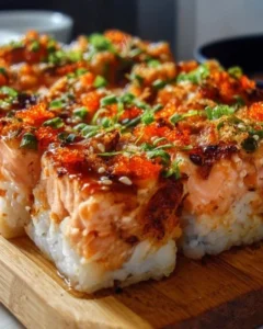 Spicy salmon sushi bake dish topped with green onions and served hot