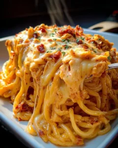 Spicy Southern Cheesy Chicken Spaghetti Casserole served in a dish