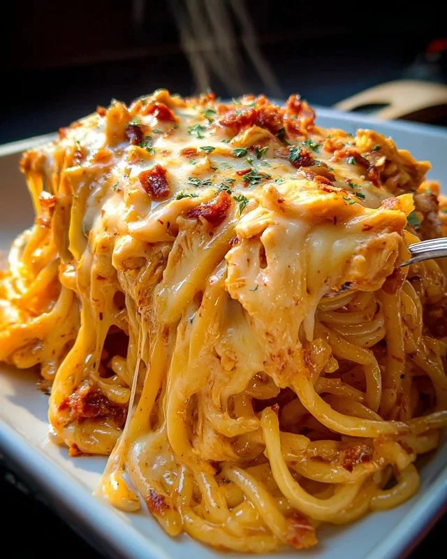 Spicy Southern Cheesy Chicken Spaghetti Casserole served in a dish