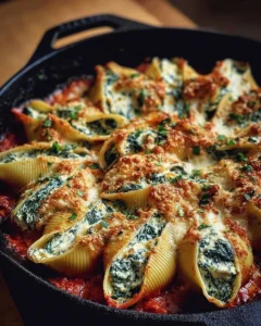 Baked spinach and ricotta stuffed shells in a marinara sauce
