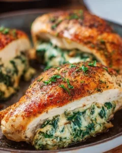 Spinach stuffed chicken breasts ready to serve as a healthy dinner option