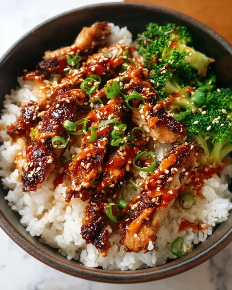 Sticky chicken rice bowls topped with savory sauce and fresh herbs