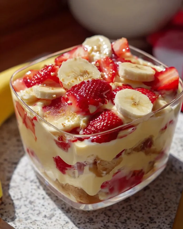 Delicious strawberry banana pudding served in a clear dish with fresh fruit garnishes.