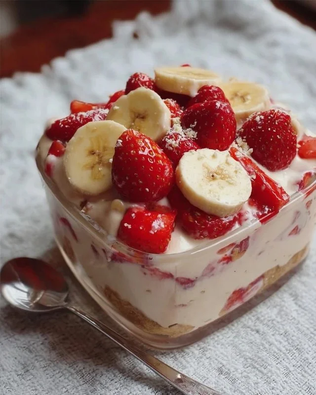 Delicious Strawberry Banana Pudding dessert with fresh strawberries and bananas.