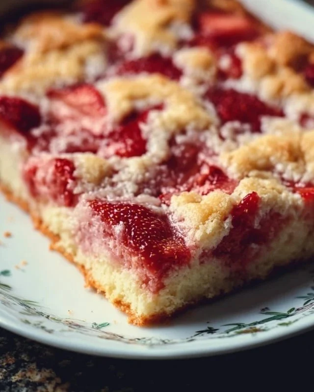 Delicious strawberry cheesecake dump cake topped with fresh strawberries.