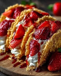 Delicious Strawberry Crunch Cheesecake Tacos served with fresh strawberries and whipped cream