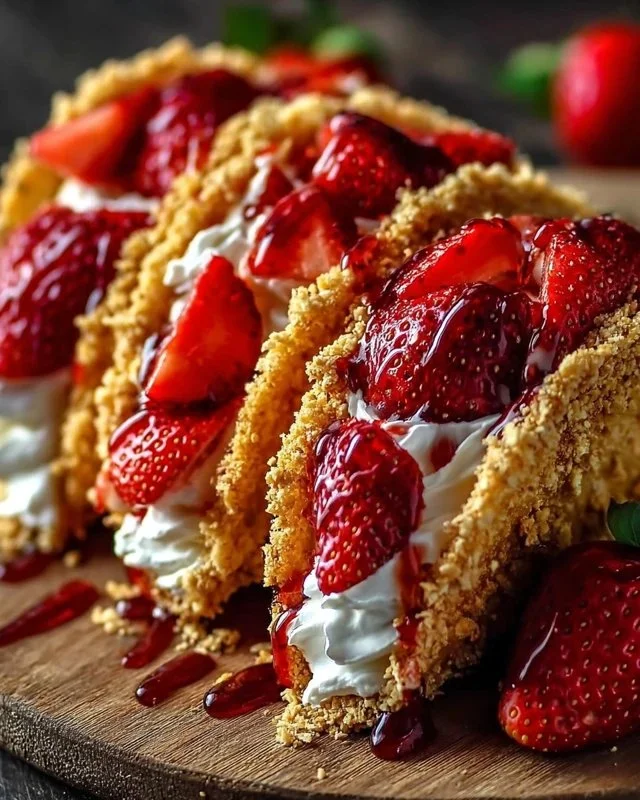 Delicious Strawberry Crunch Cheesecake Tacos served with fresh strawberries and whipped cream