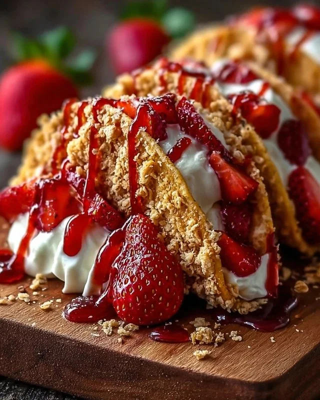 Strawberry Crunch Cheesecake Tacos served on a plate with fresh strawberries