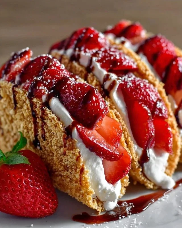 Strawberry Crunch Cheesecake Tacos served with fresh strawberries and toppings.