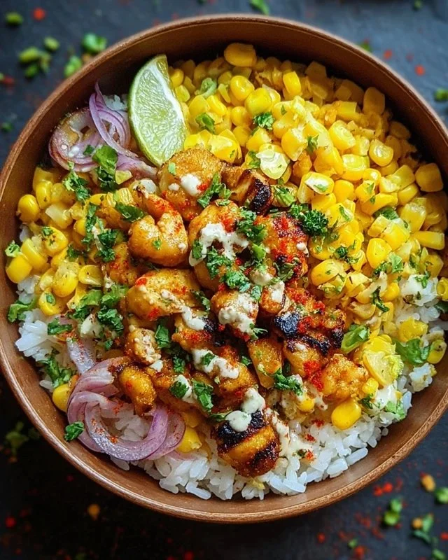 Street Corn Chicken Rice Bowl with grilled chicken, corn, and rice