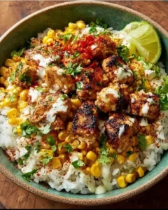 Delicious Street Corn Chicken Rice Bowl with grilled chicken and fresh corn