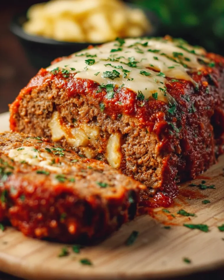 Delicious stuffed Italian meatloaf garnished with herbs on a plate.