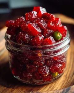 Sweet and spicy Cranberry Jalapeño Cowboy Candy in a jar