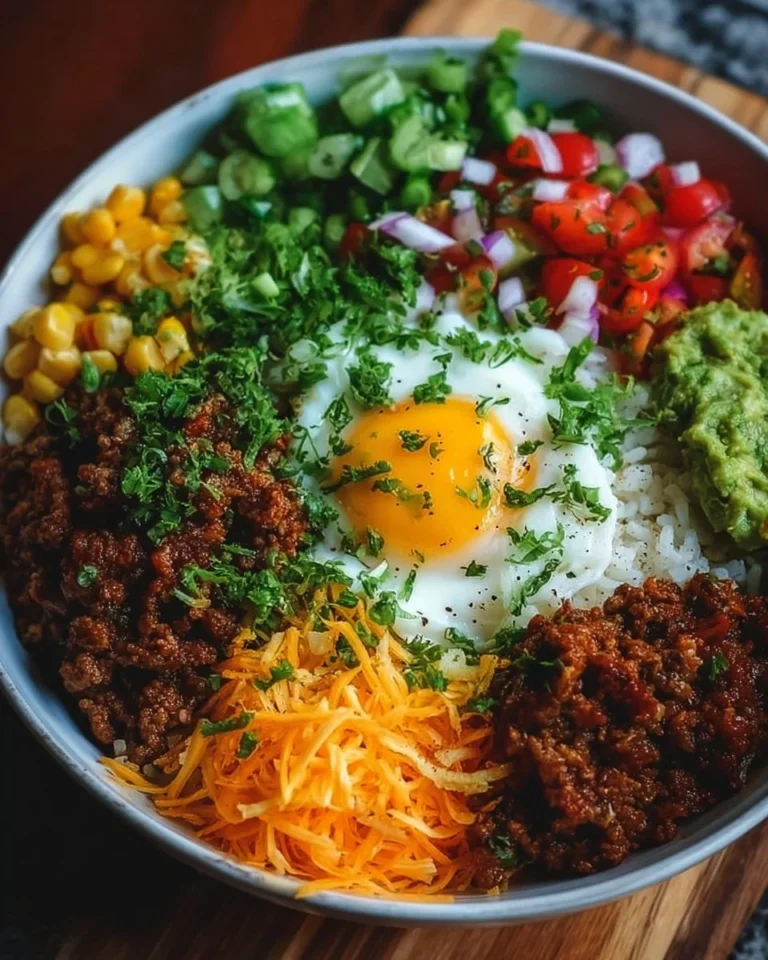Delicious taco rice bowl with seasoned beef, fresh vegetables, and vibrant toppings