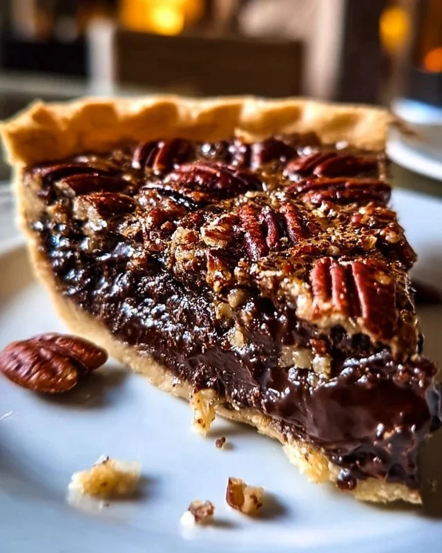 Delicious slice of Texas chocolate pecan pie with chocolate drizzle and pecans