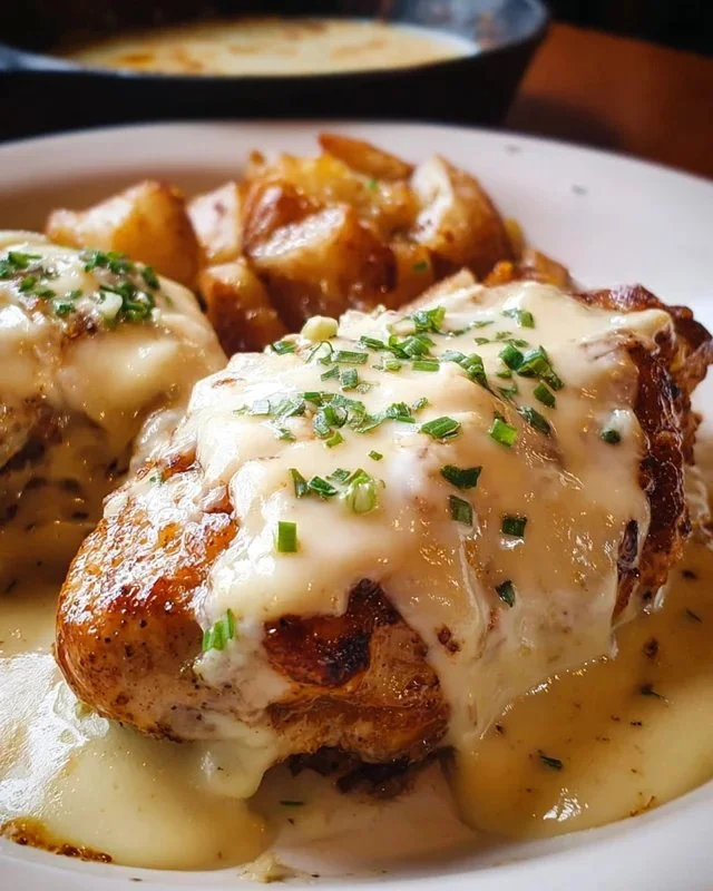 Plate of Texas Roadhouse Smothered Chicken topped with jack cheese