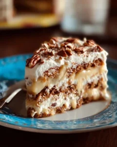 Delicious Texas Tornado Cake topped with frosting and nuts on a plate.