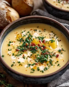 A warm bowl of creamy potato soup garnished with herbs and served with crusty bread.