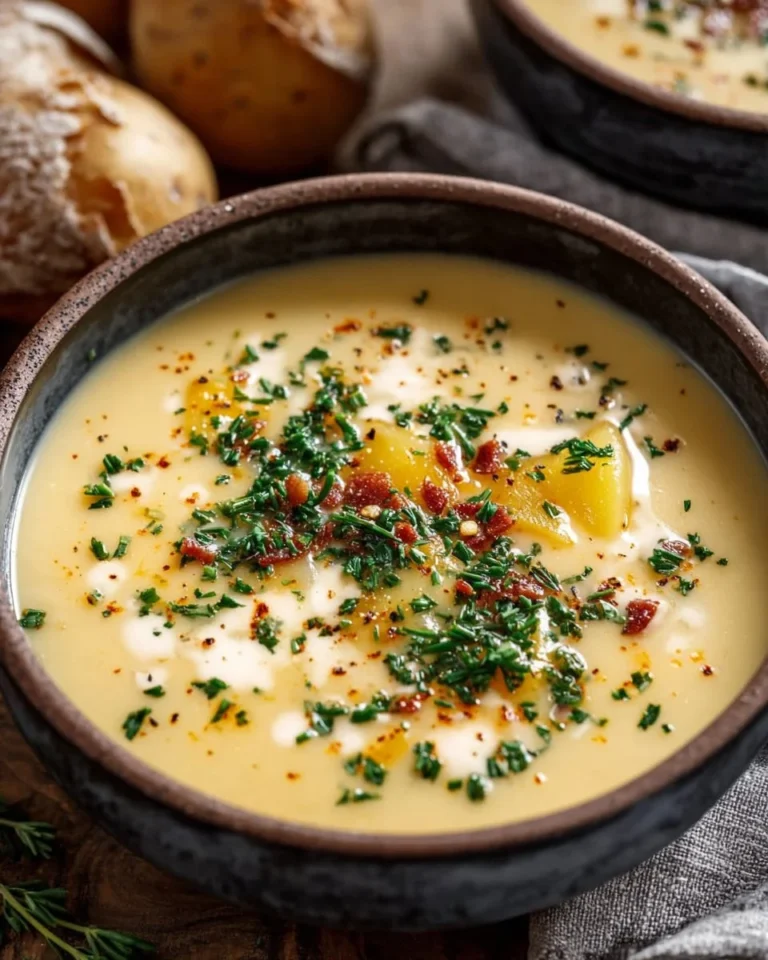 A warm bowl of creamy potato soup garnished with herbs and served with crusty bread.