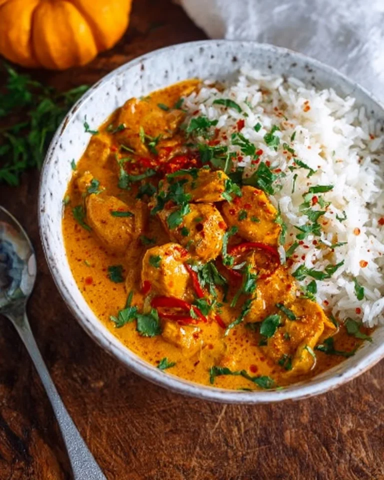 Bowl of pumpkin chicken curry garnished with cilantro and served with rice