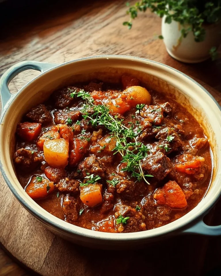 Delicious Tuscan Beef Casserole with herbs and vegetables in a rustic dish.