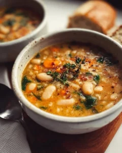 A bowl of delicious Tuscan white bean soup garnished with herbs